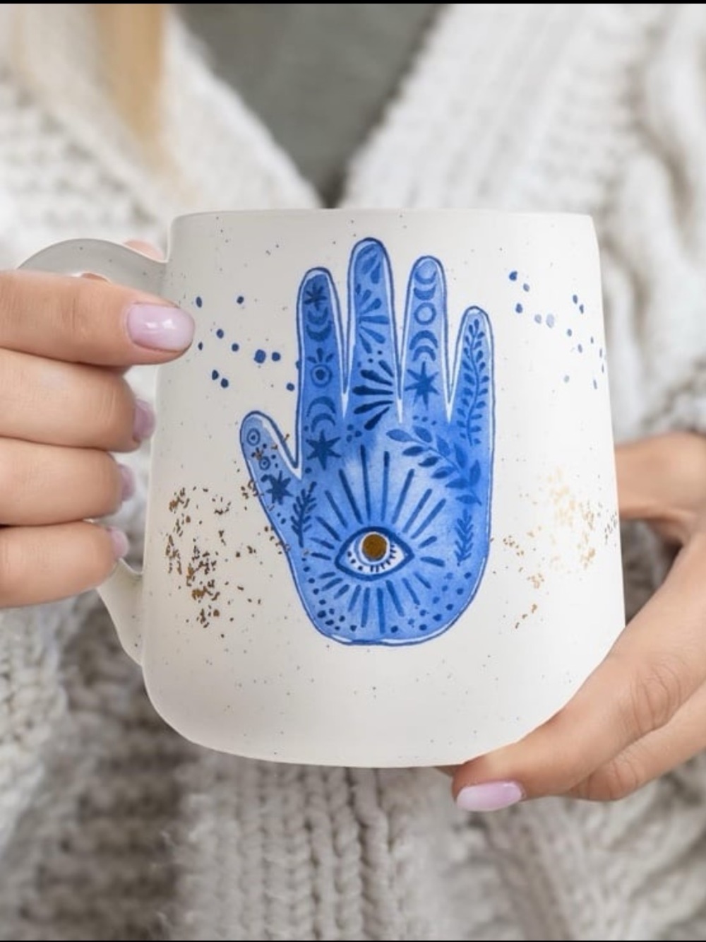 BLUE HAMSA HAND WITH EVIL EYE LARGE (20 OZ) STONEWARE COFFEE MUG BY DWELLSTUDIO
